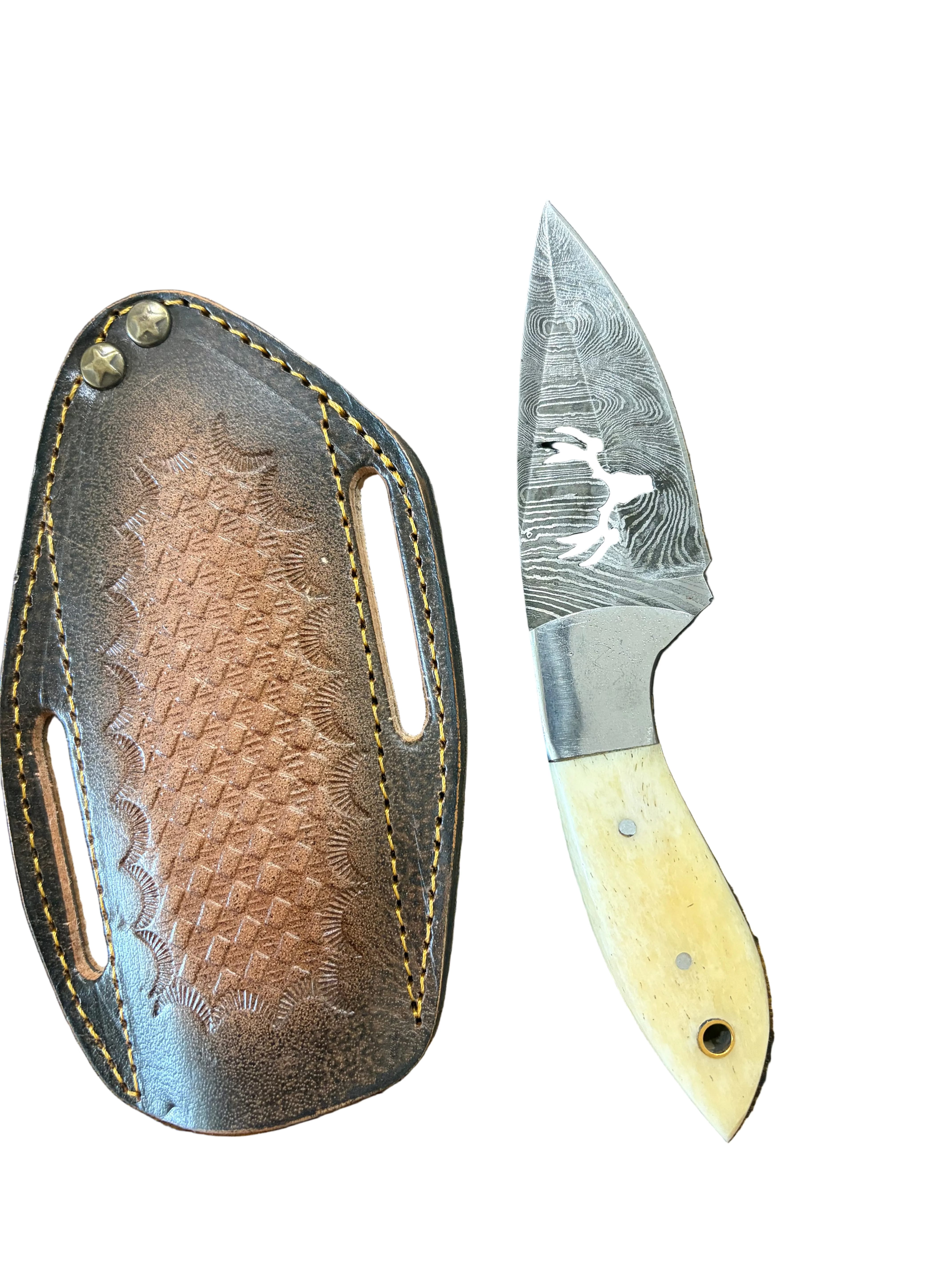Handcrafted Damascus Hunting Knife with Bone Handle & Leather Sheath | Custom Outdoor Bushcraft Knife