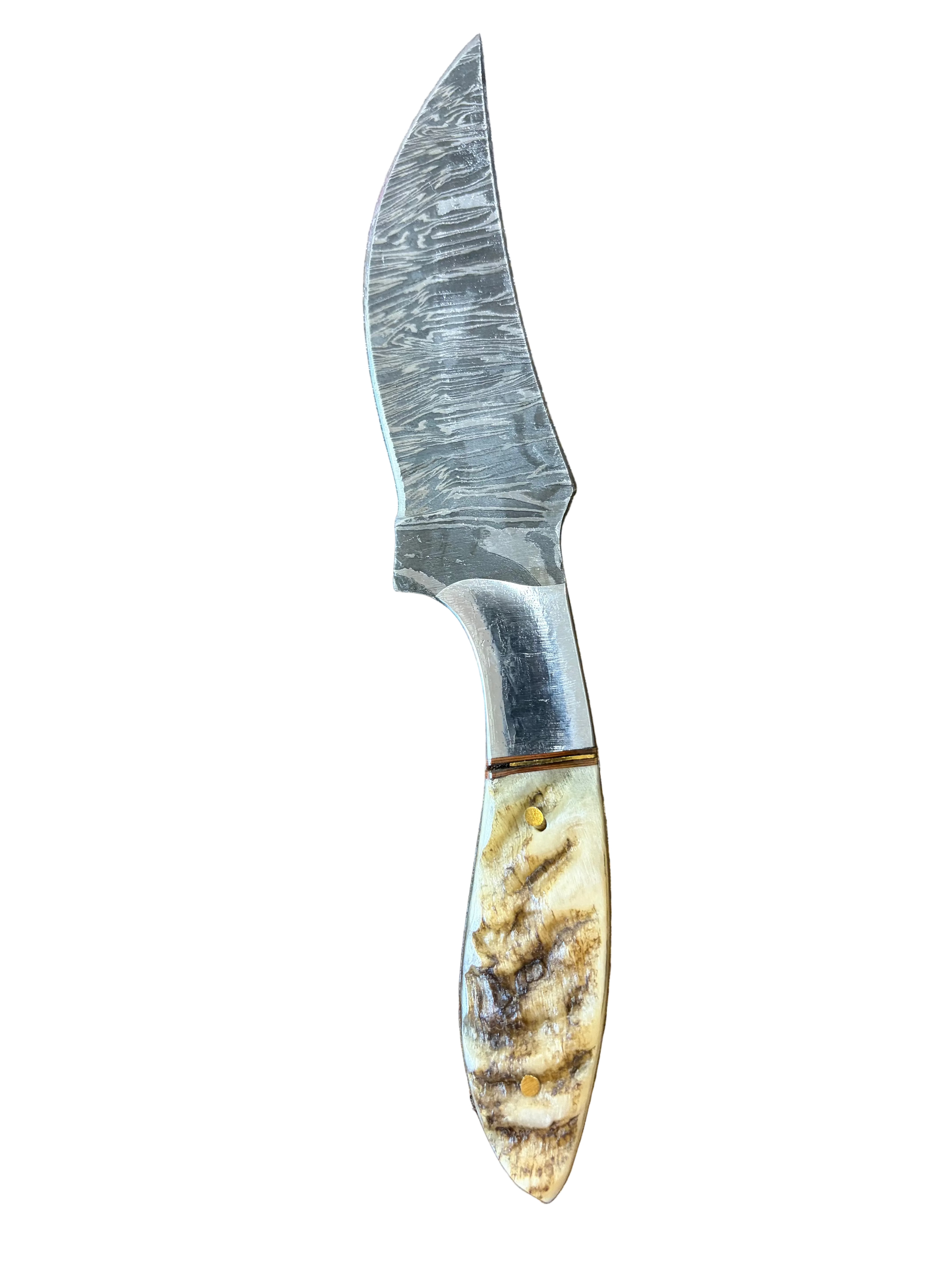 Handmade Damascus Skinner Knife – Natural Bone Handle with Leather Sheath