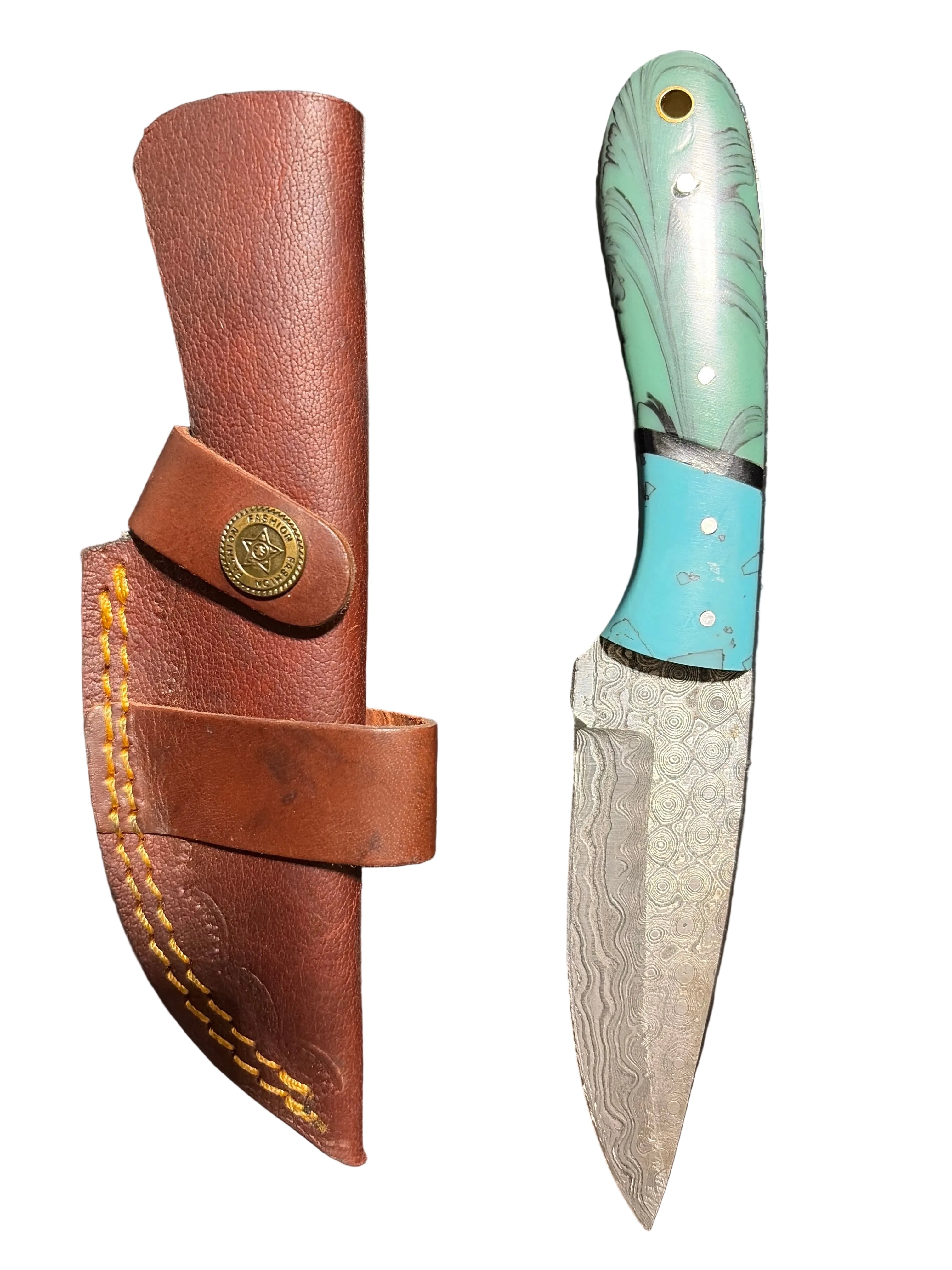 Premium Damascus Steel Hunting Knife with blue handle