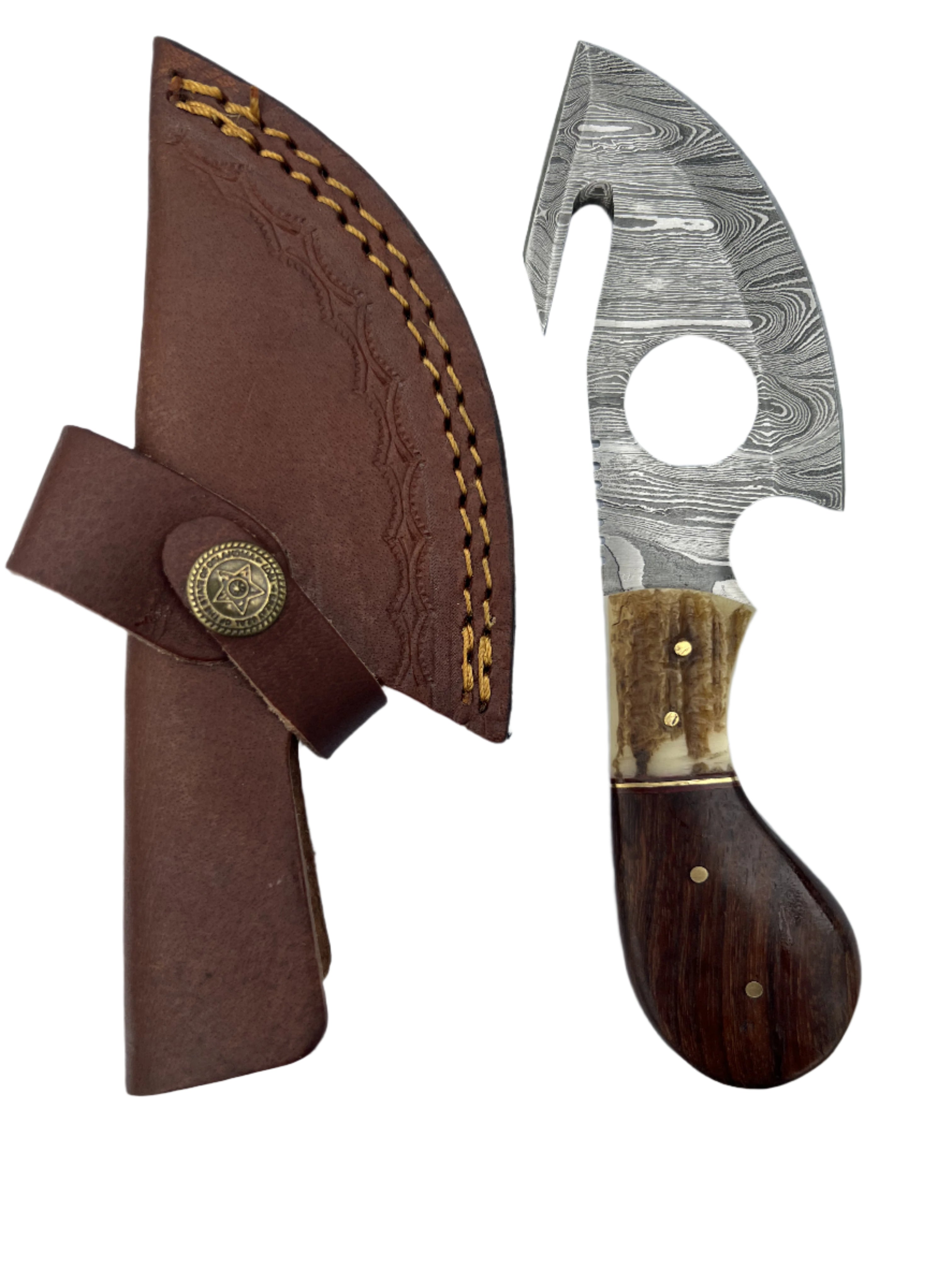 Damascus Steel Gut Hook Knife – Handmade Hunting Blade