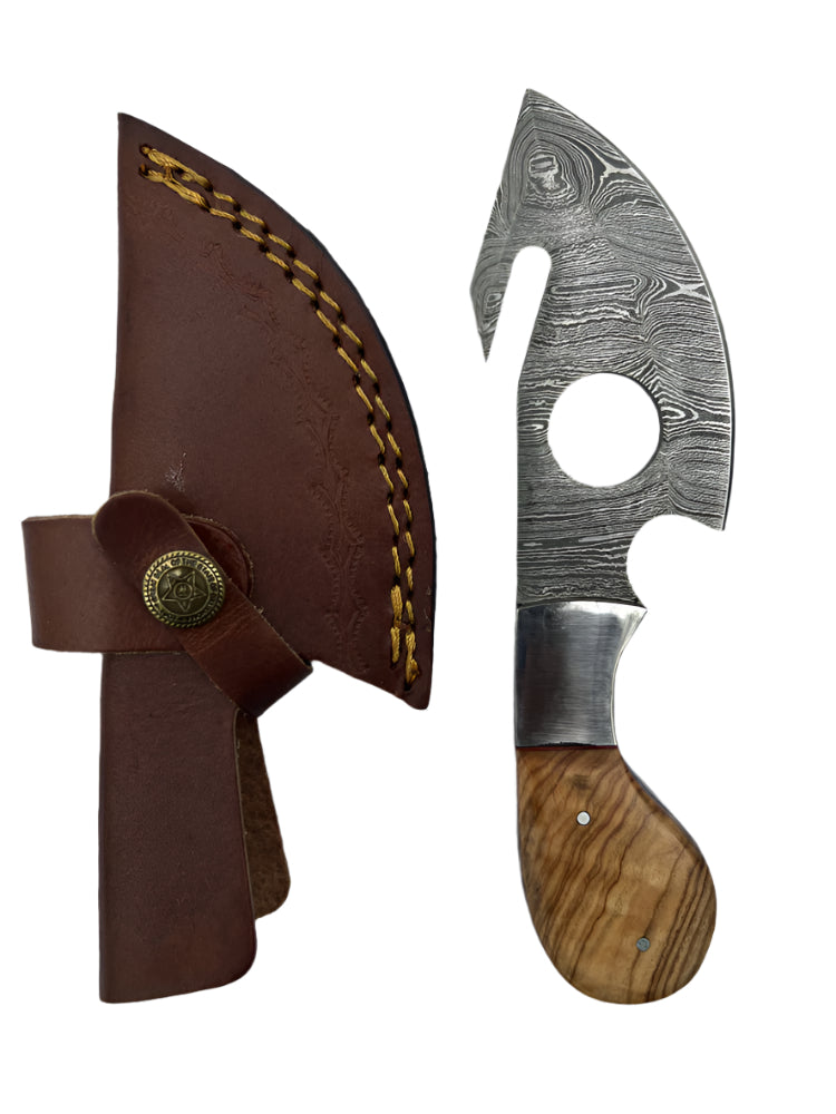 Damascus Steel Hook Knife with Wooden Handle – Precision Cutting Tool
