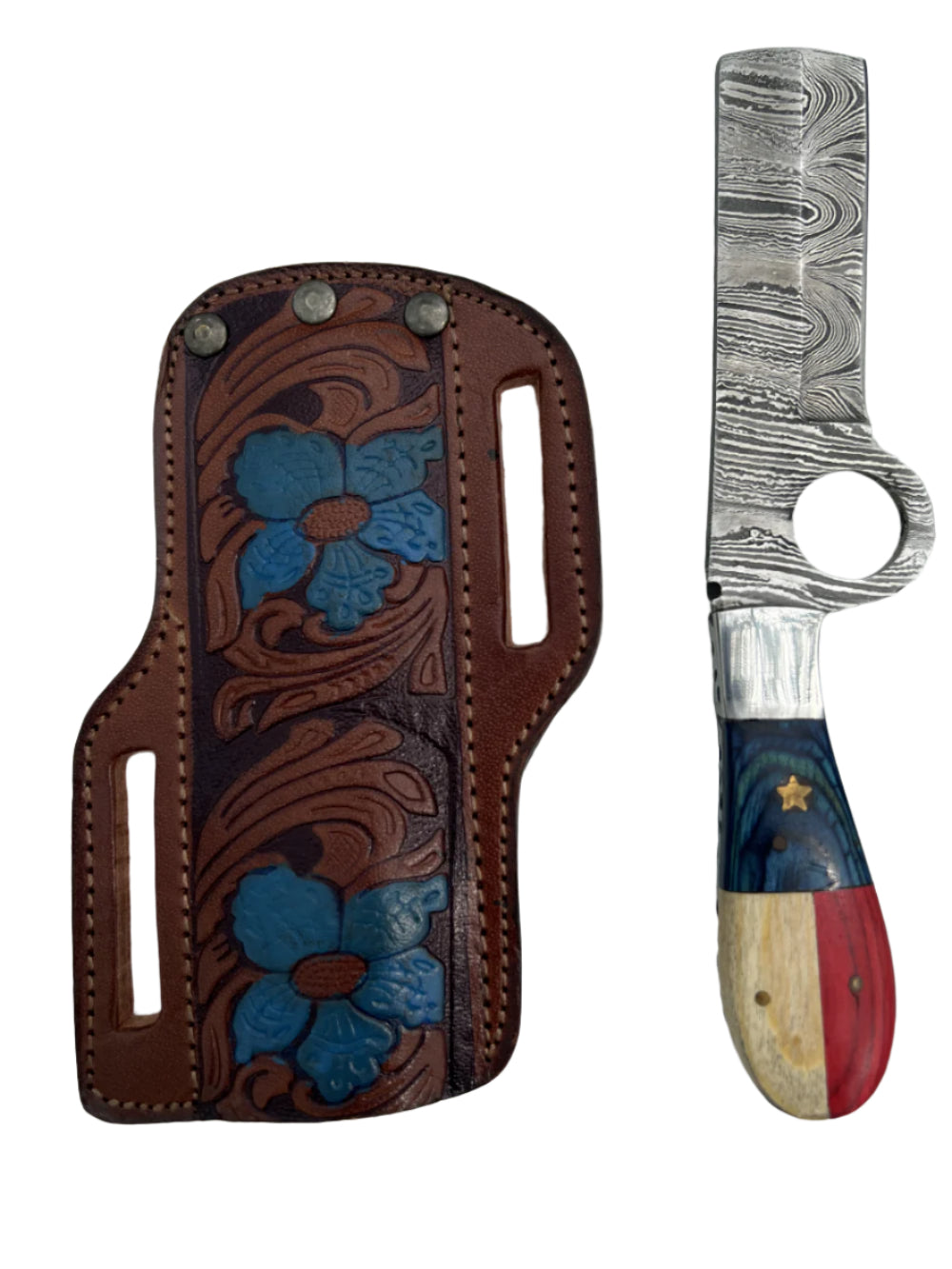 Handmade Damascus Knife – Patriotic Handle & Tooled Sheath