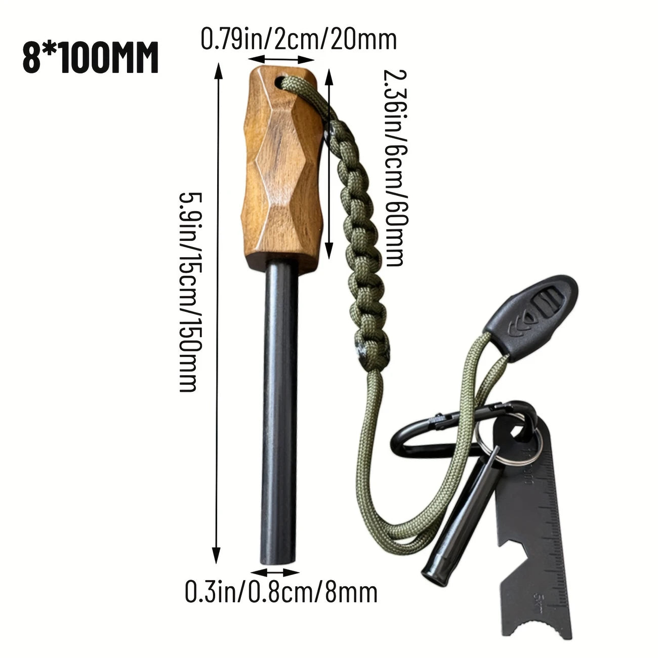 Magnesium Fire Starter Kit with Wood Handle & Whistle