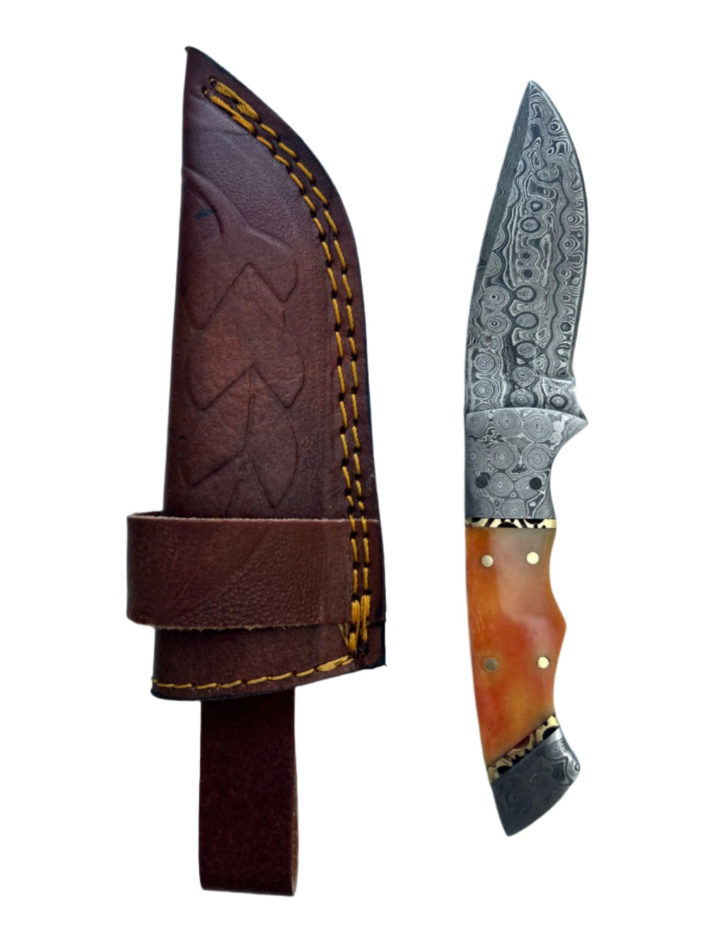 Orange Resin Handle Damascus Knife with Leather Sheath