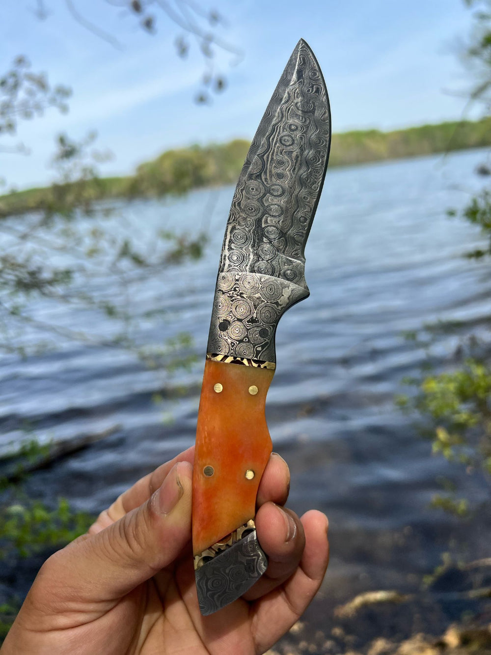 Orange Resin Handle Damascus Knife with Leather Sheath