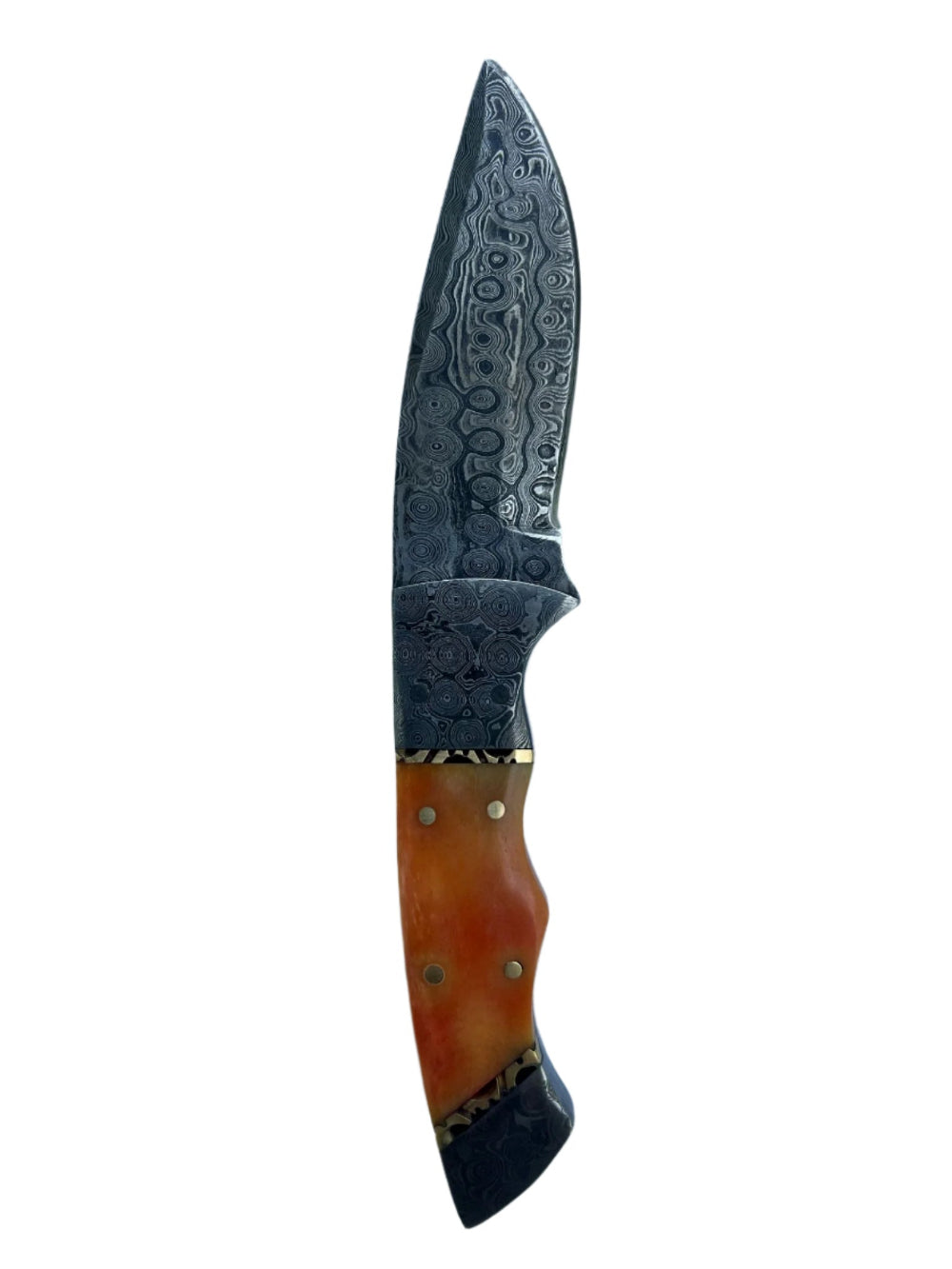 Orange Resin Handle Damascus Knife with Leather Sheath