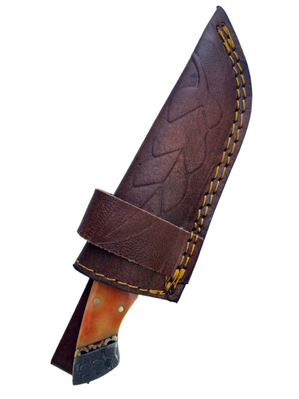 Orange Resin Handle Damascus Knife with Leather Sheath