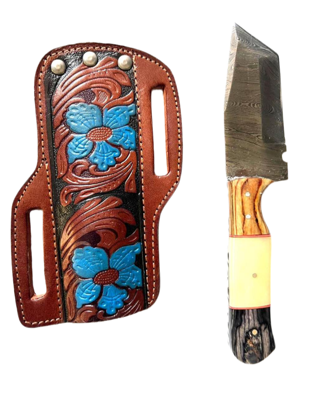 Tanto Damascus Knife – Handmade Bone & Wood Handle + Leather Sheath