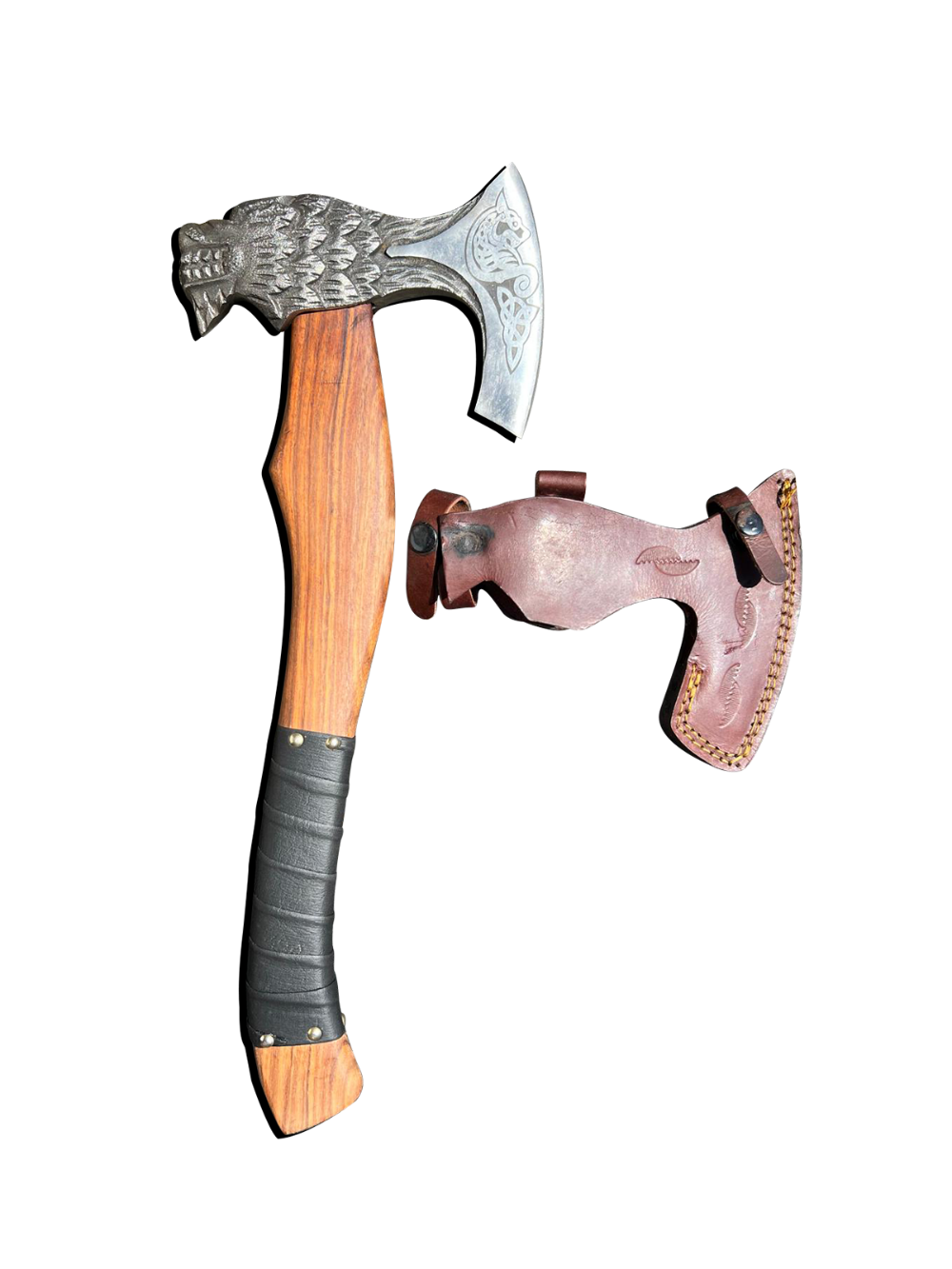 Viking Axe with Wolf Design & Sheath – Damascus Steel Hatchet