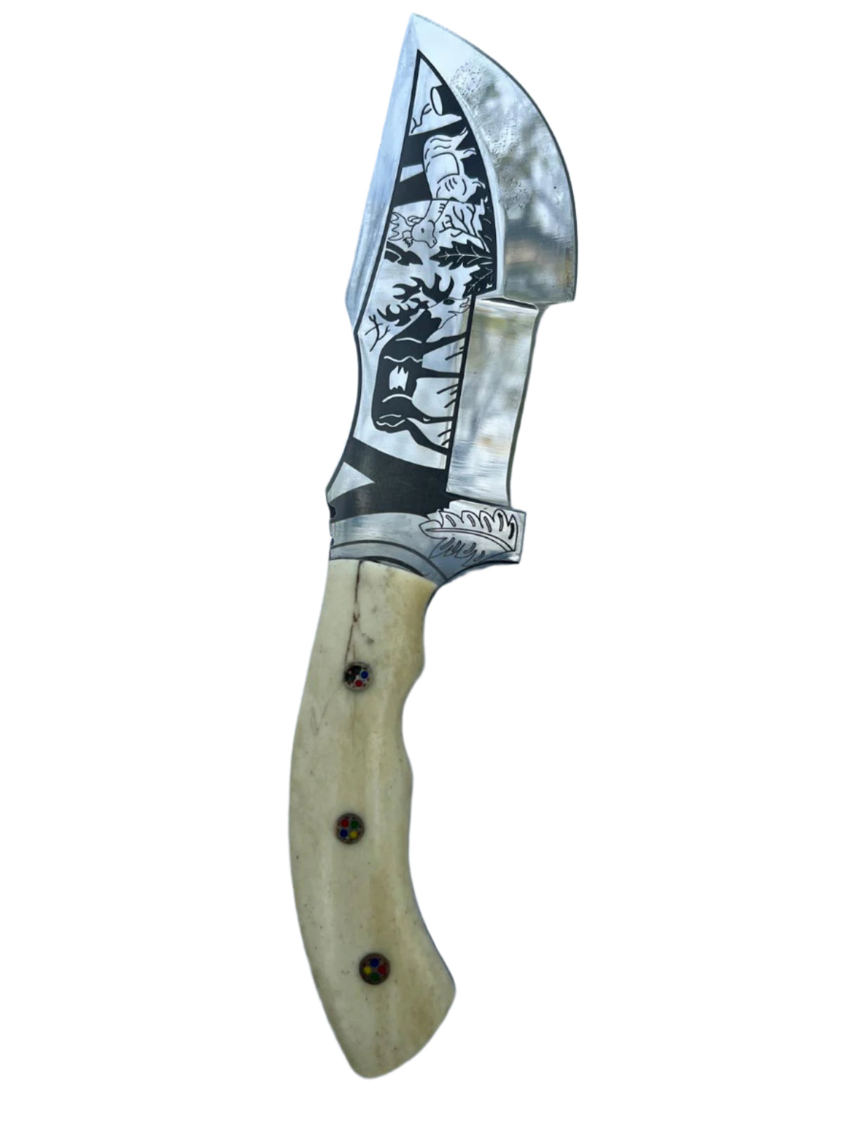 Handcrafted Hunting Knife with Engraved Wildlife Blade and Bone Handle