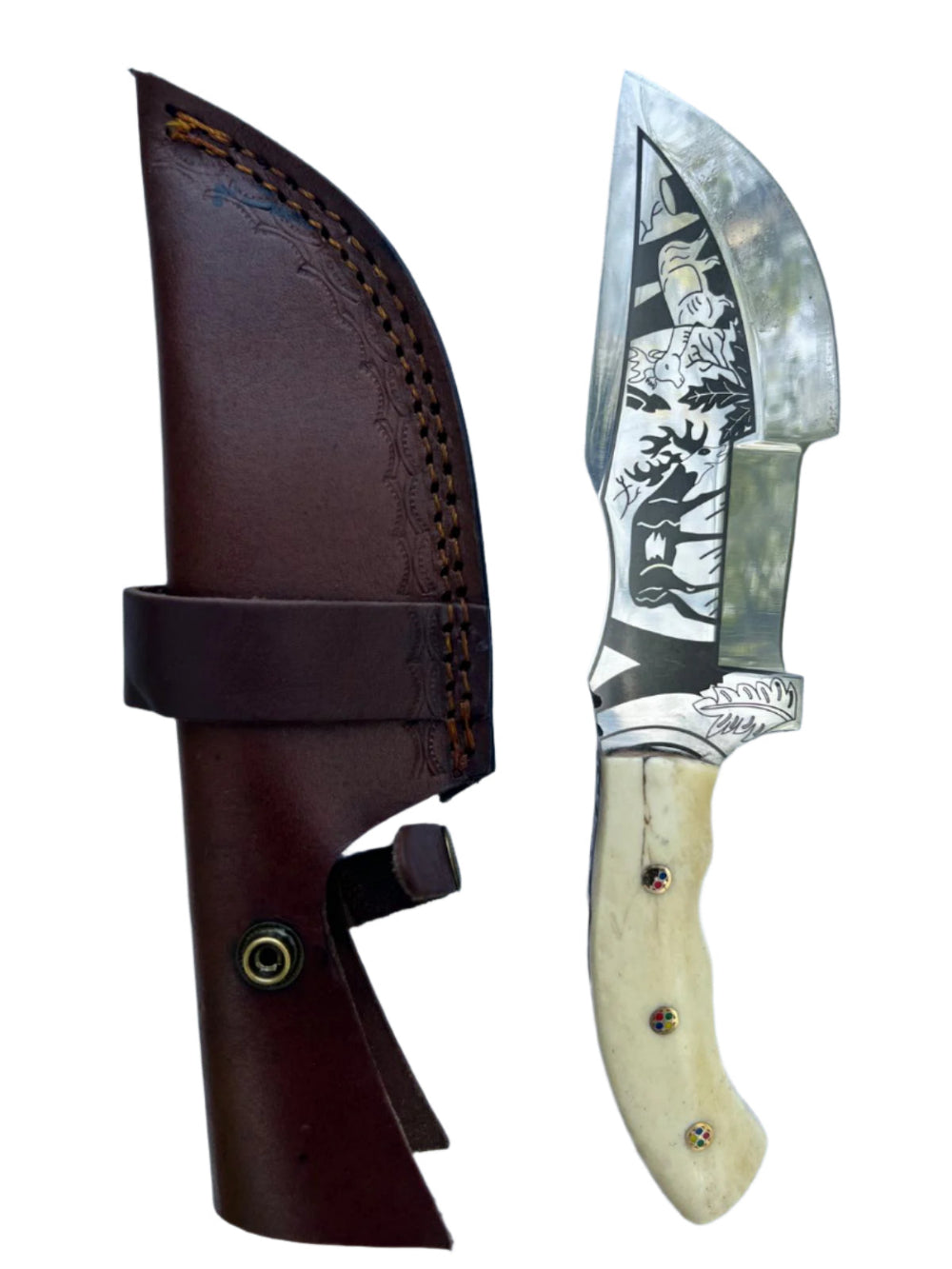 Handcrafted Hunting Knife with Engraved Wildlife Blade and Bone Handle