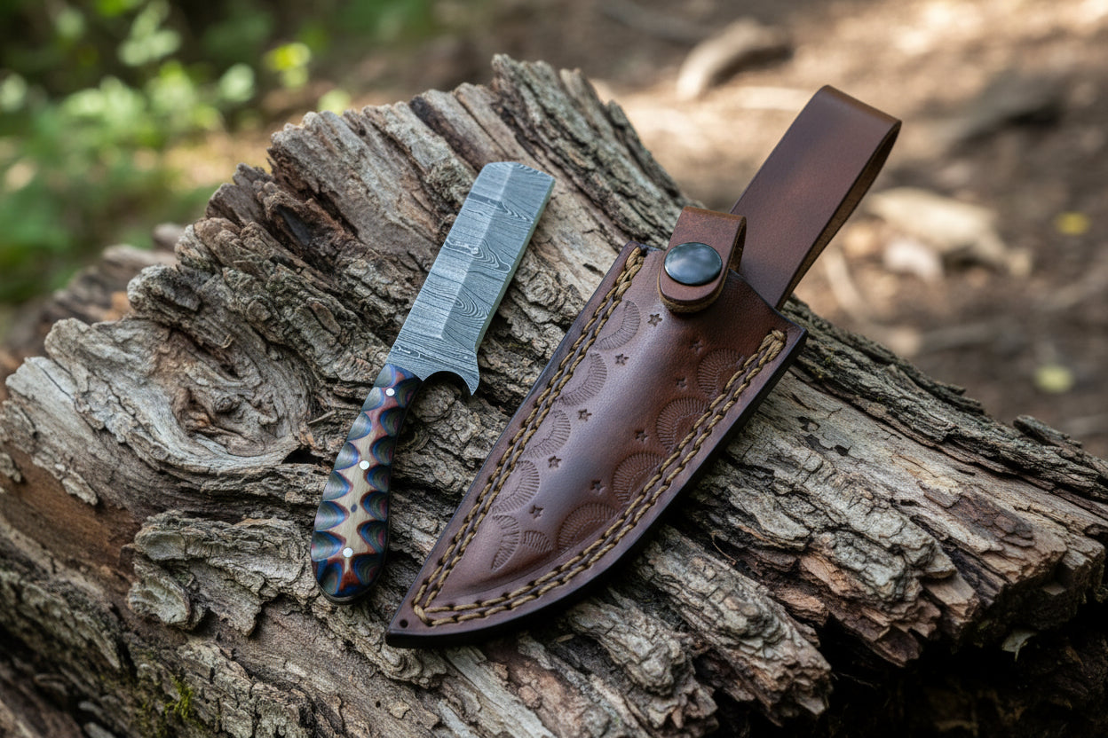 Handcrafted Patterned Steel Knife with Artisan Leather Sheath