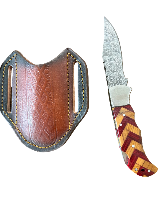 Damascus Hunting Knife – Multicolor Wood Handle with Handmade Leather Sheath
