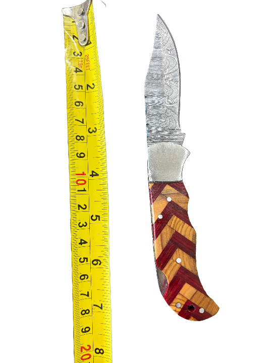 Damascus Hunting Knife – Multicolor Wood Handle with Handmade Leather Sheath