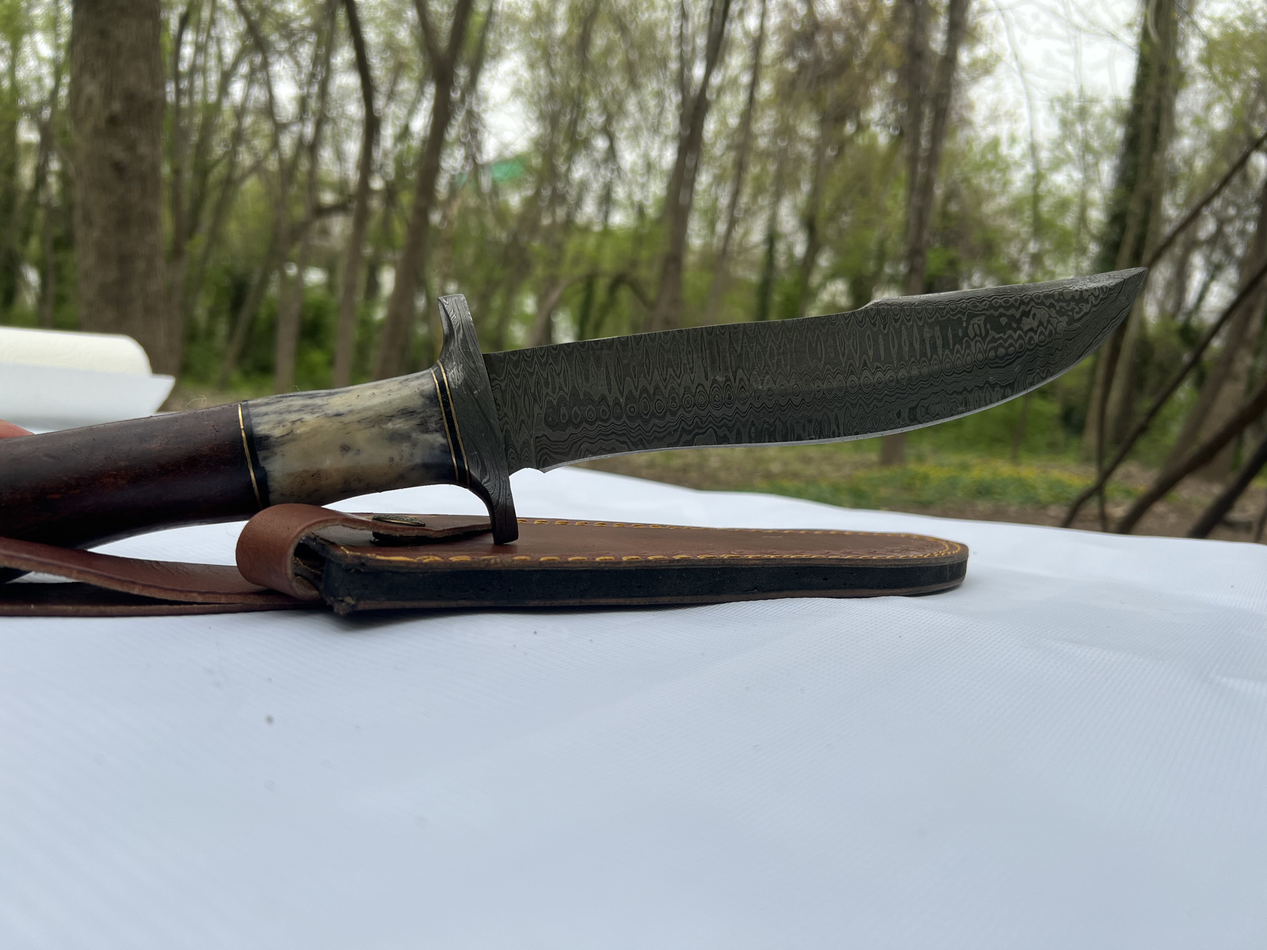 Damascus Bowie Knife – Full Tang with Wood & Bone Handle