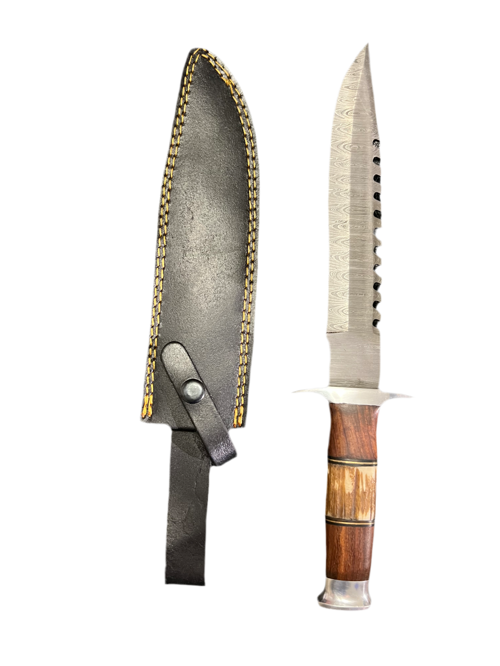 Damascus Bowie Knife – Stag Horn &andWood Handle with Leather Sheath