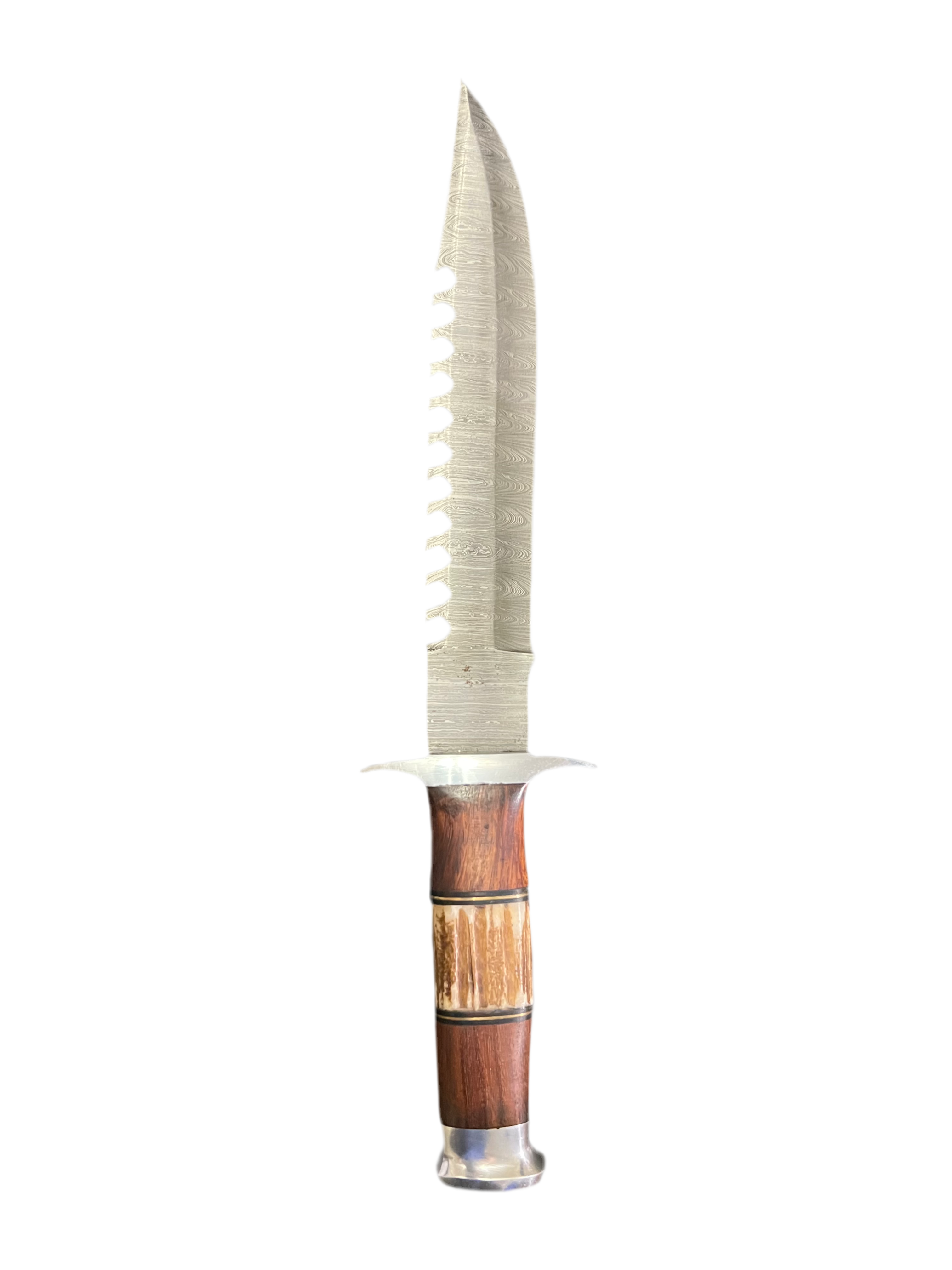 Damascus Bowie Knife – Stag Horn and Wood Handle with Leather Sheath
