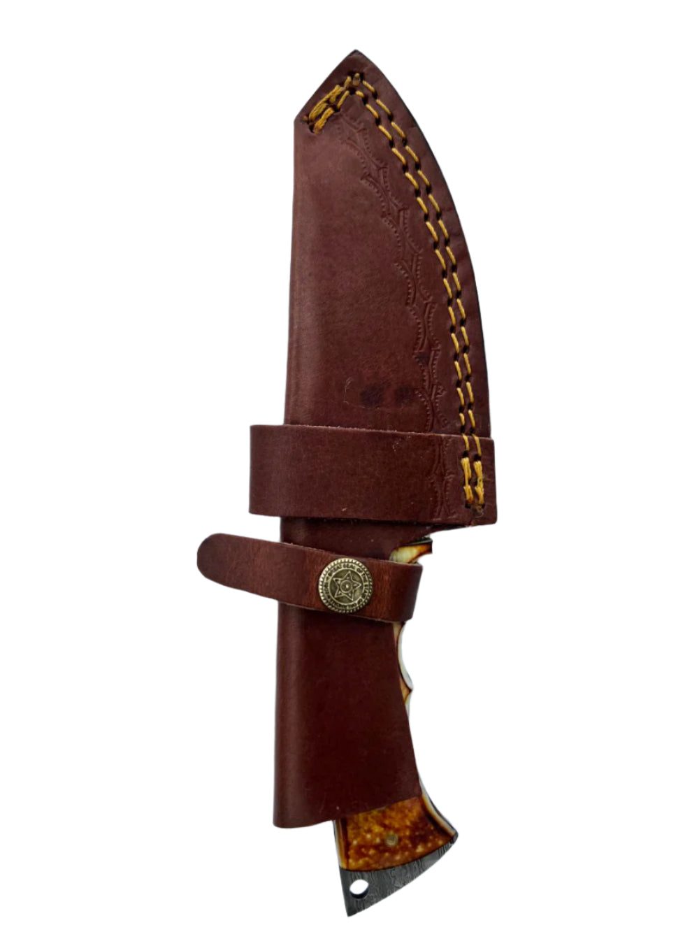 Damascus Gut Hook Knife – Amber Horn Handle with Leather Sheath