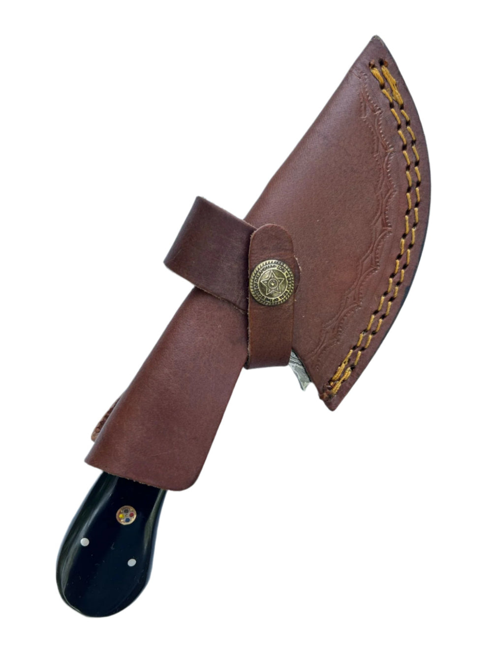 Damascus Gut Hook Knife – Black Handle & Leather Sheath