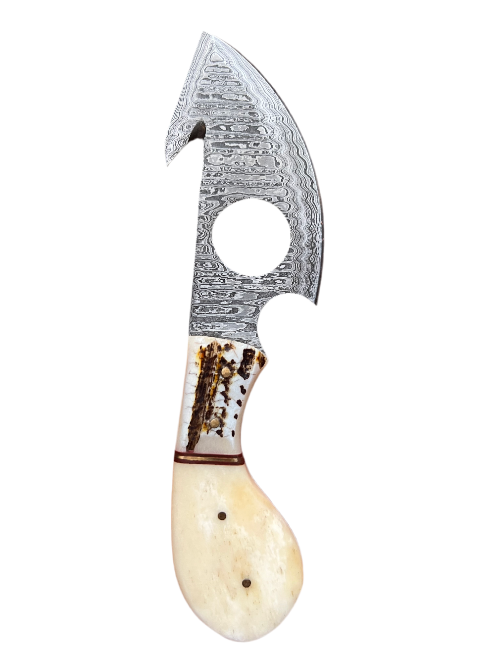 Damascus Gut Hook Knife – Bone Handle with Leather Sheath