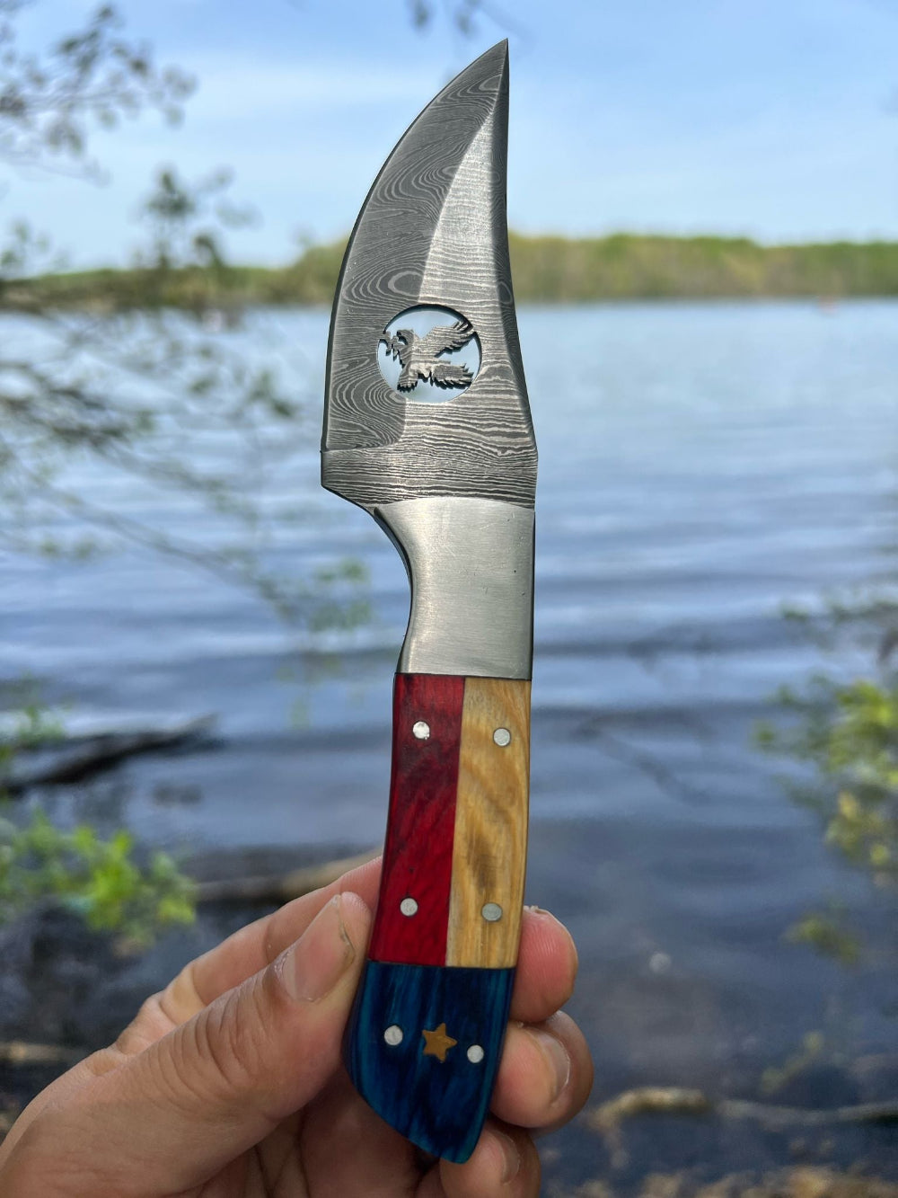 Damascus Knife with Eagle Blade Cutout & Patriotic Handle