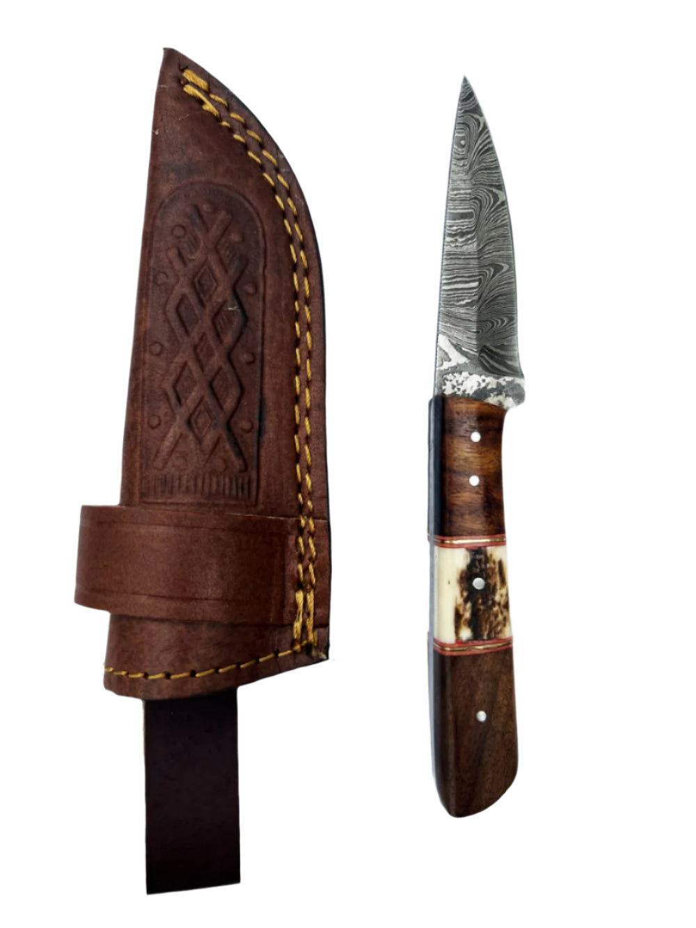 Damascus Skinning Knife with Bone Handle & Leather Sheath