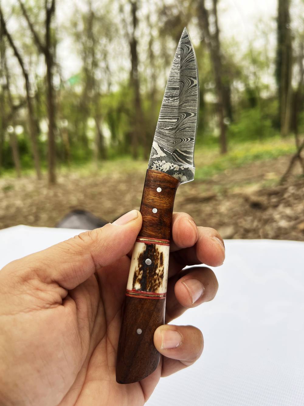 Damascus Skinning Knife with Bone Handle & Leather Sheath