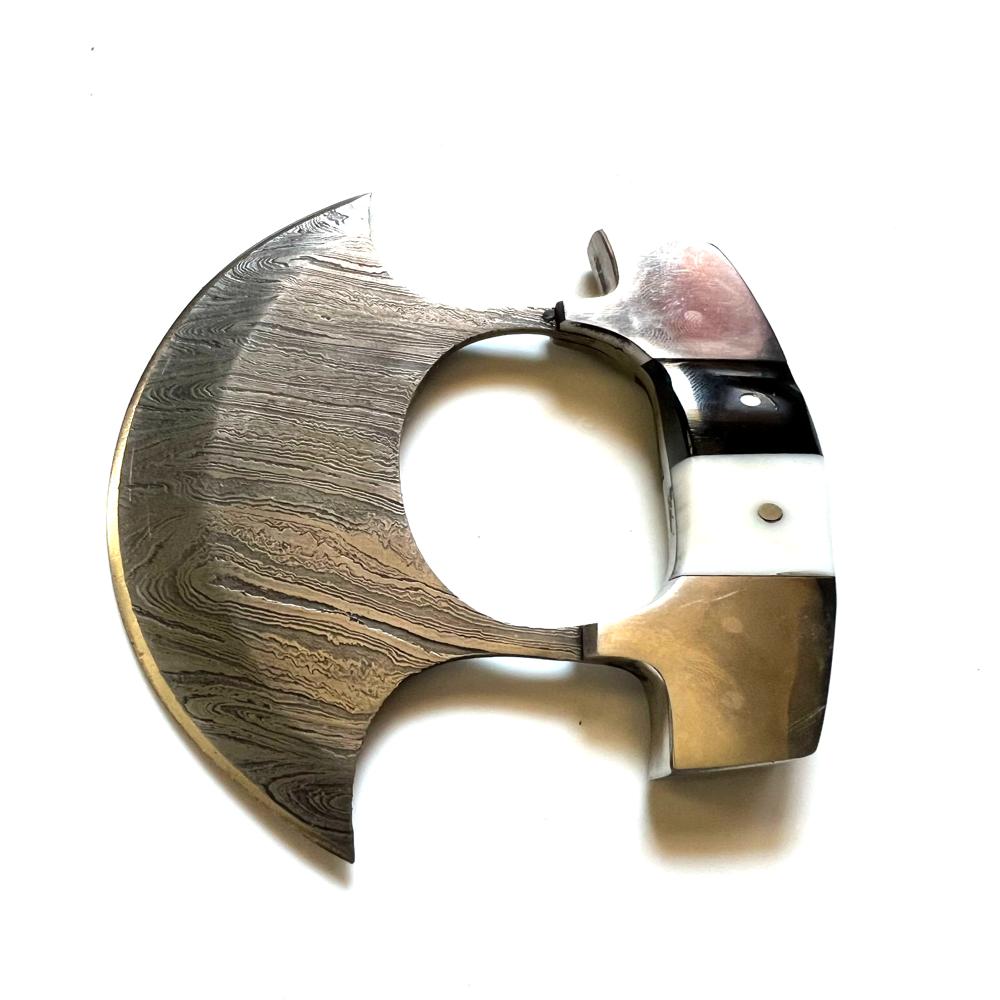 Handcrafted Damascus Ulu Knife with brass and bone handle