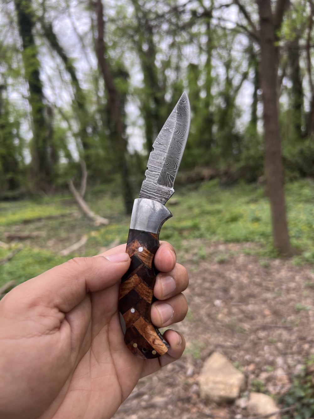 Handmade Damascus Folding Knife – Exotic Wood Handle