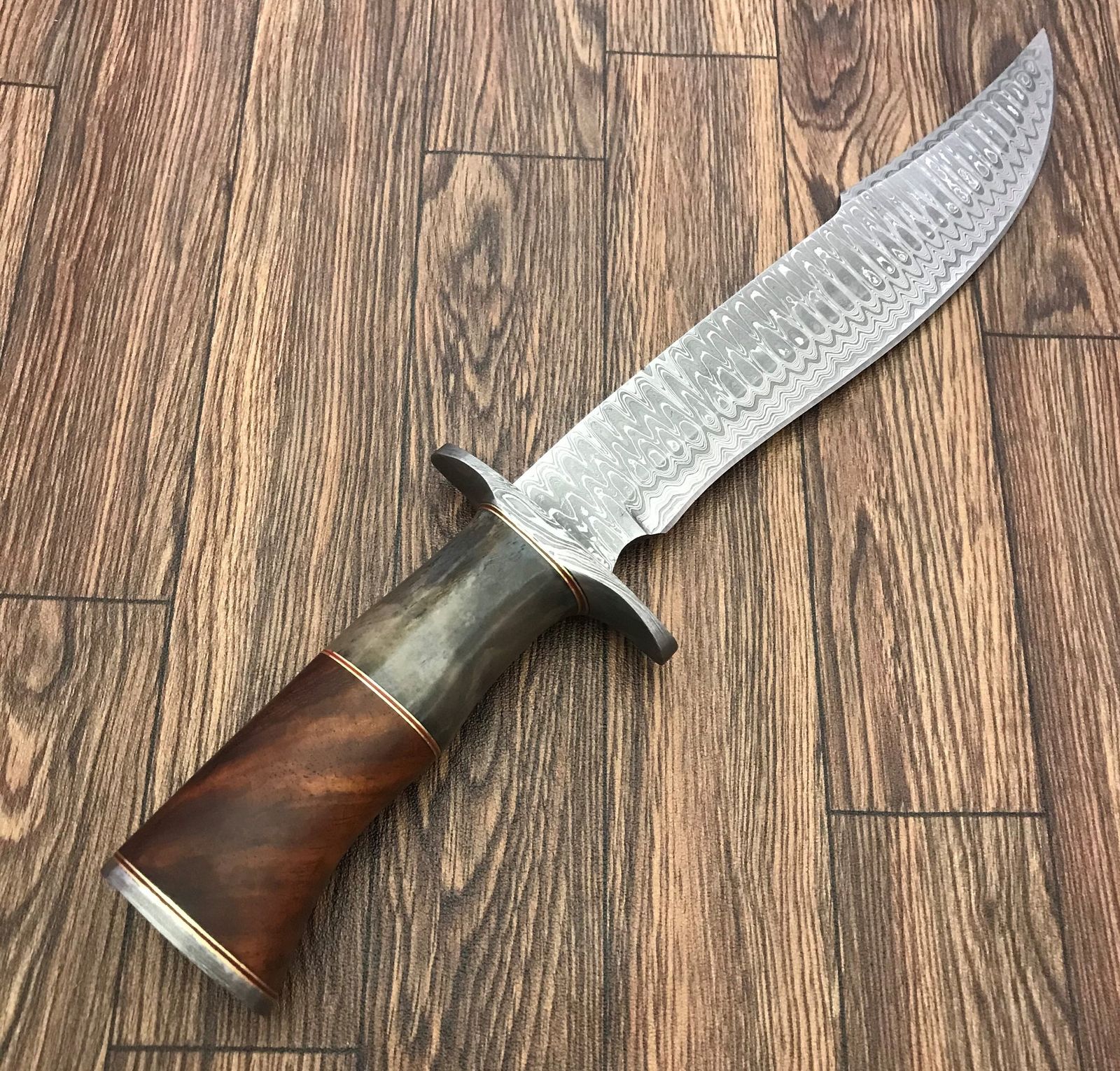 Handmade Damascus Steel Bowie Knife with Custom Wood & Brass Handle