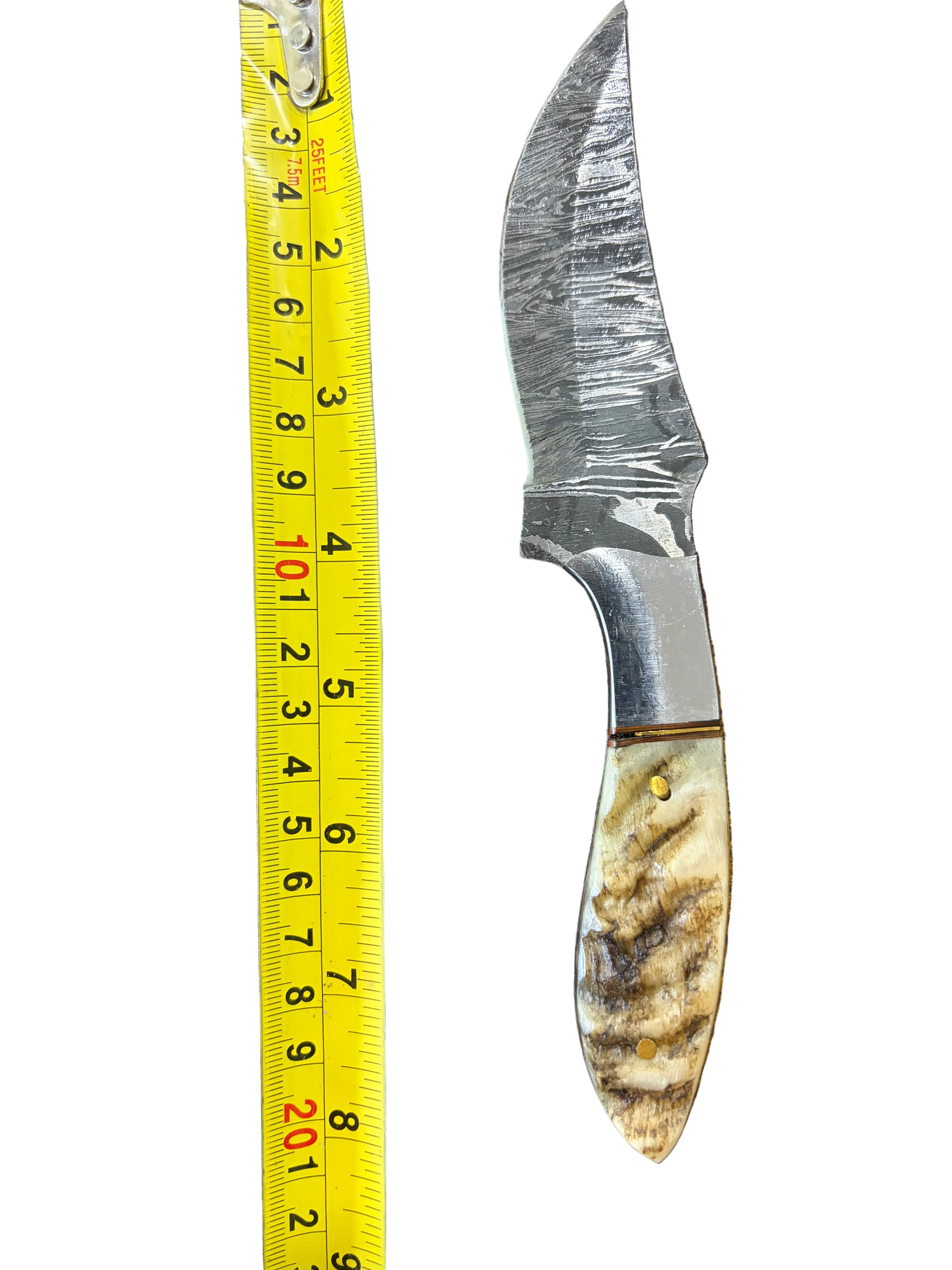 Handmade Damascus Skinner Knife – Natural Bone Handle with Leather Sheath