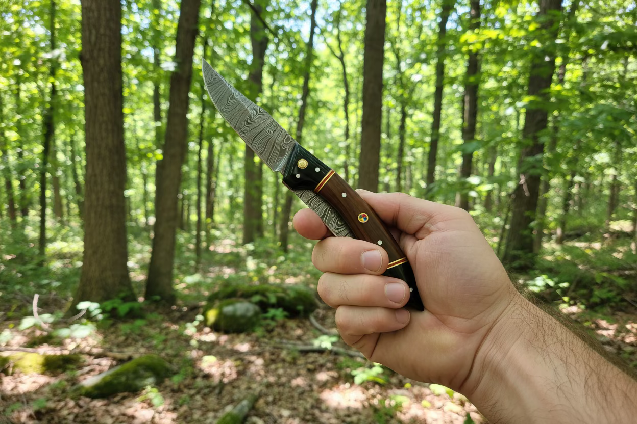 🔥 Compact Damascus Skinner – Curved Outdoor Utility Knife