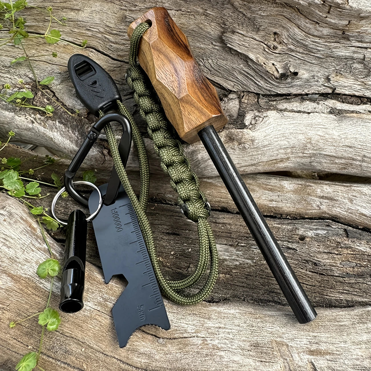 Magnesium Fire Starter Kit with Wood Handle & Whistle