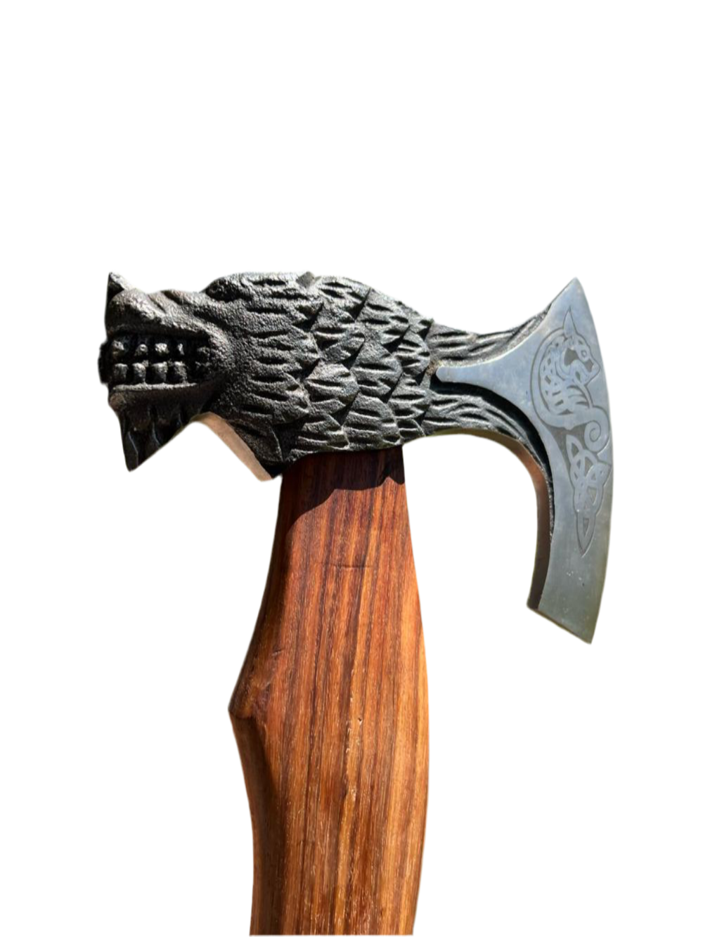 Viking Axe with Wolf Design & Sheath – Damascus Steel Hatchet