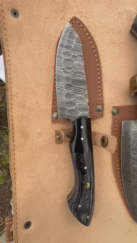 Hand-Forged Damascus Knife Set – 5 Pieces with Leather Roll