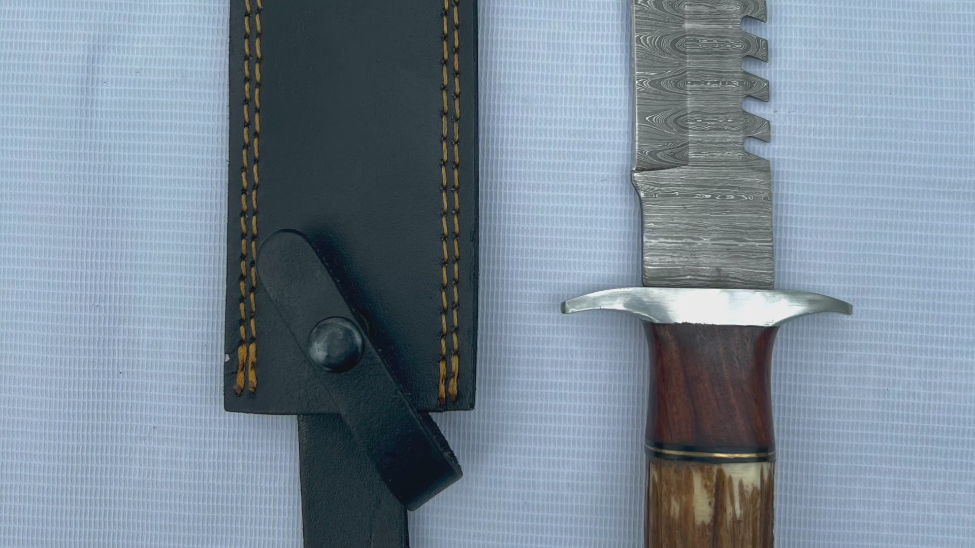 Damascus Bowie Knife – Stag Horn and Wood Handle with Leather Sheath