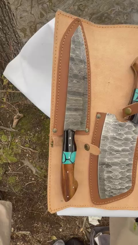 5-Piece Damascus Knife Set – Turquoise & Wood Handle with Roll